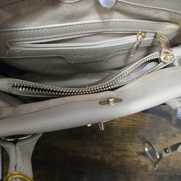 Bebe Evie Small Satchel Beige Gold Faux Leather Top Handles Crossbody Purse Bag - Picture 8 of 11